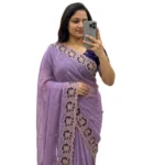 Generic Women's Star Georgette Embroidered Saree With Unstitched Blouse 5.5Mtr (Purple) - Image 7
