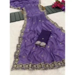 Generic Women's Star Georgette Embroidered Saree With Unstitched Blouse 5.5Mtr (Purple) - Image 4