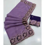 Generic Women's Star Georgette Embroidered Saree With Unstitched Blouse 5.5Mtr (Purple) - Image 3