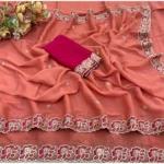 Generic Women's Star Georgette Embroidered Saree With Unstitched Blouse 5.5Mtr (Orange) - Image 3