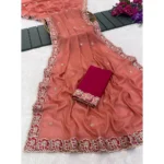 Generic Women's Star Georgette Embroidered Saree With Unstitched Blouse 5.5Mtr (Orange) - Image 2