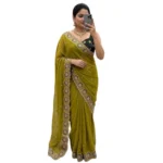 Generic Women's Star Georgette Embroidered Saree With Unstitched Blouse 5.5Mtr (Olive Green) - Image 7