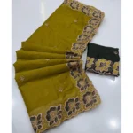 Generic Women's Star Georgette Embroidered Saree With Unstitched Blouse 5.5Mtr (Olive Green) - Image 6