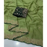 Generic Women's Star Georgette Embroidered Saree With Unstitched Blouse 5.5Mtr (Green) - Image 5