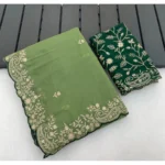 Generic Women's Star Georgette Embroidered Saree With Unstitched Blouse 5.5Mtr (Green) - Image 3