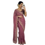 Generic Women's Star Georgette Embroidered Saree With Unstitched Blouse 5.5Mtr (Pink) - Image 7