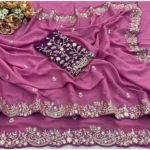 Generic Women's Star Georgette Embroidered Saree With Unstitched Blouse 5.5Mtr (Pink) - Image 4