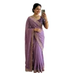 Generic Women's Star Georgette Embroidered Saree With Unstitched Blouse 5.5Mtr (Purple) - Image 7