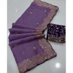 Generic Women's Star Georgette Embroidered Saree With Unstitched Blouse 5.5Mtr (Purple) - Image 6