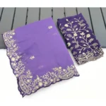 Generic Women's Star Georgette Embroidered Saree With Unstitched Blouse 5.5Mtr (Purple) - Image 3
