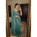 Generic Women's Star Georgette Embroidered Saree With Unstitched Blouse 5.5Mtr (Sea Green)