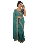Generic Women's Star Georgette Embroidered Saree With Unstitched Blouse 5.5Mtr (Sea Green) - Image 4