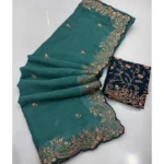 Generic Women's Star Georgette Embroidered Saree With Unstitched Blouse 5.5Mtr (Sea Green) - Image 3