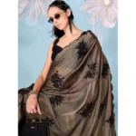 Generic Women's Viscose Silk Embroidered Saree With Unstitched Blouse 5.5Mtr (Beige)