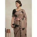 Generic Women's Viscose Silk Embroidered Saree With Unstitched Blouse 5.5Mtr (Beige) - Image 2