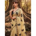 Generic Women's Viscose Silk Embroidered Saree With Unstitched Blouse 5.5Mtr (Beige)