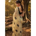 Generic Women's Viscose Silk Embroidered Saree With Unstitched Blouse 5.5Mtr (Beige) - Image 4
