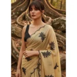 Generic Women's Viscose Silk Embroidered Saree With Unstitched Blouse 5.5Mtr (Beige) - Image 3