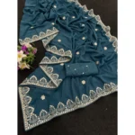 Generic Women's Georgette Embellished Saree With Unstitched Blouse 5.5Mtr (Blue) - Image 3