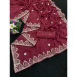 Generic Women's Georgette Embellished Saree With Unstitched Blouse 5.5Mtr (Maroon) - Image 3