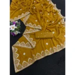 Generic Women's Georgette Embellished Saree With Unstitched Blouse 5.5Mtr (Mustard-Yellow) - Image 3