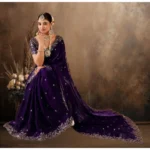 Generic Women's Silk Embroidered Saree With Unstitched Blouse 5.5Mtr (Purple) - Image 4