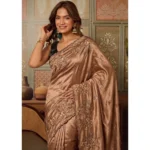 Generic Women's Viscose Silk Embroidered Saree With Unstitched Blouse 5.5Mtr (Brown)