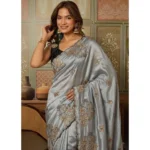 Generic Women's Viscose Silk Embroidered Saree With Unstitched Blouse 5.5Mtr (Grey)